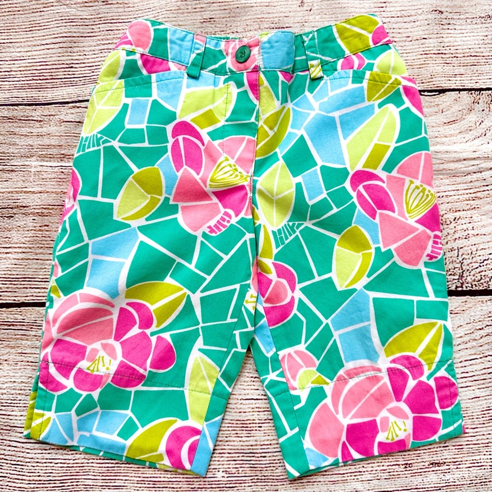 Lilly Pulitzer Blue Pink Green Mosaic Floral Print Pants Girl’s Sz 12-18M